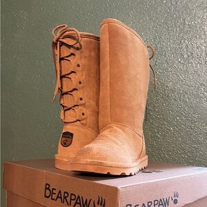 BearPaw Tall Lace-Up Suede Boots in Chestnut Brown